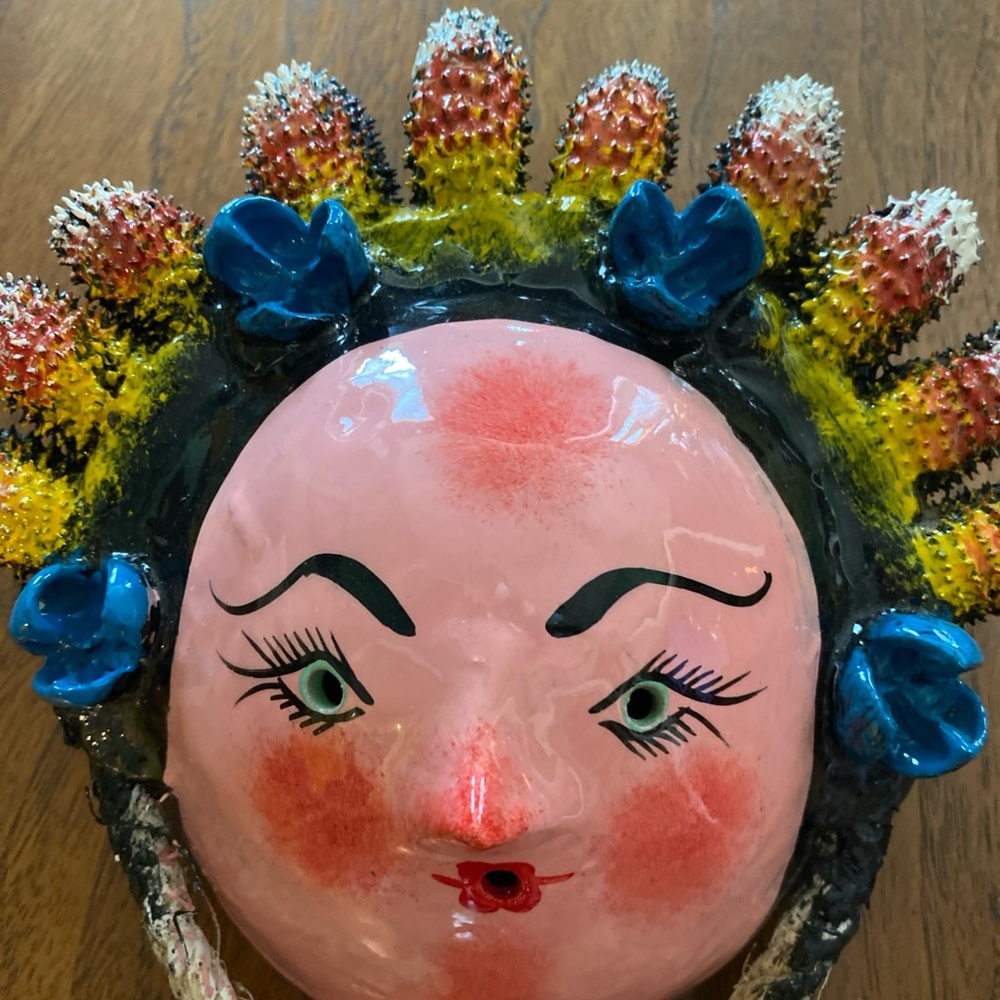 Mexican folk art, coconut shell mask, hand painted vintage multicolor